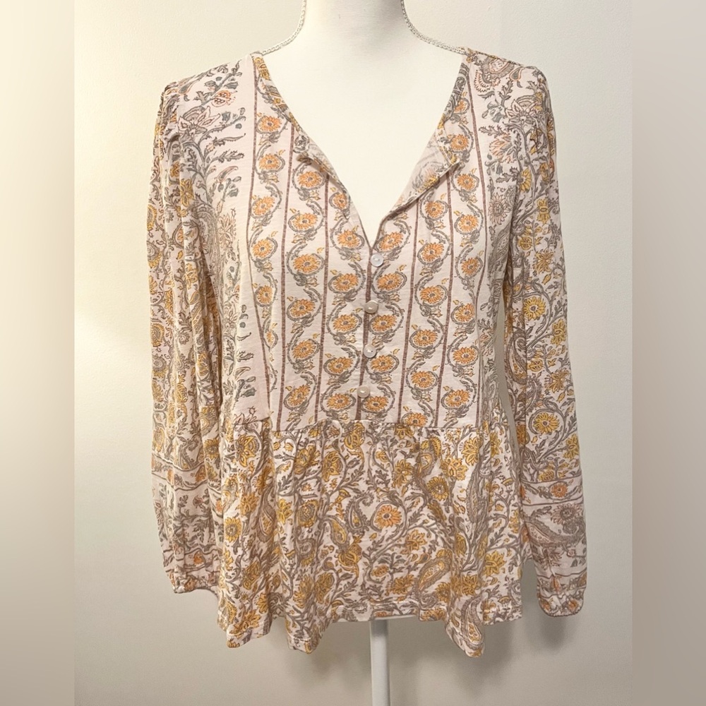 NWT Lucky Brand Floral 100% Cotton Boho Relaxed Top. Size Large